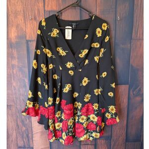 Women's NWT Forever 21 red & black sunflowers long sleeve mini dress size Small